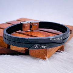 Geometric Stainless Steel Gold Black Customized Personalised Laser Engraved Wrist Band Leather Bracelet For Men