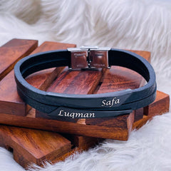 Geometric Stainless Steel Gold Black Customized Personalised Laser Engraved Wrist Band Leather Bracelet For Men