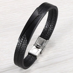 Geometric Stainless Steel Gold Black Customized Personalised Laser Engraved Wrist Band Leather Bracelet For Men