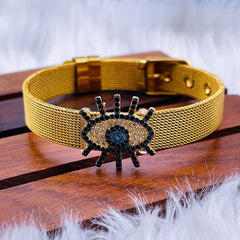 Evil Eye 10mm 18K Gold Stainless Steel Mesh Strap Belt Bracelet for Women