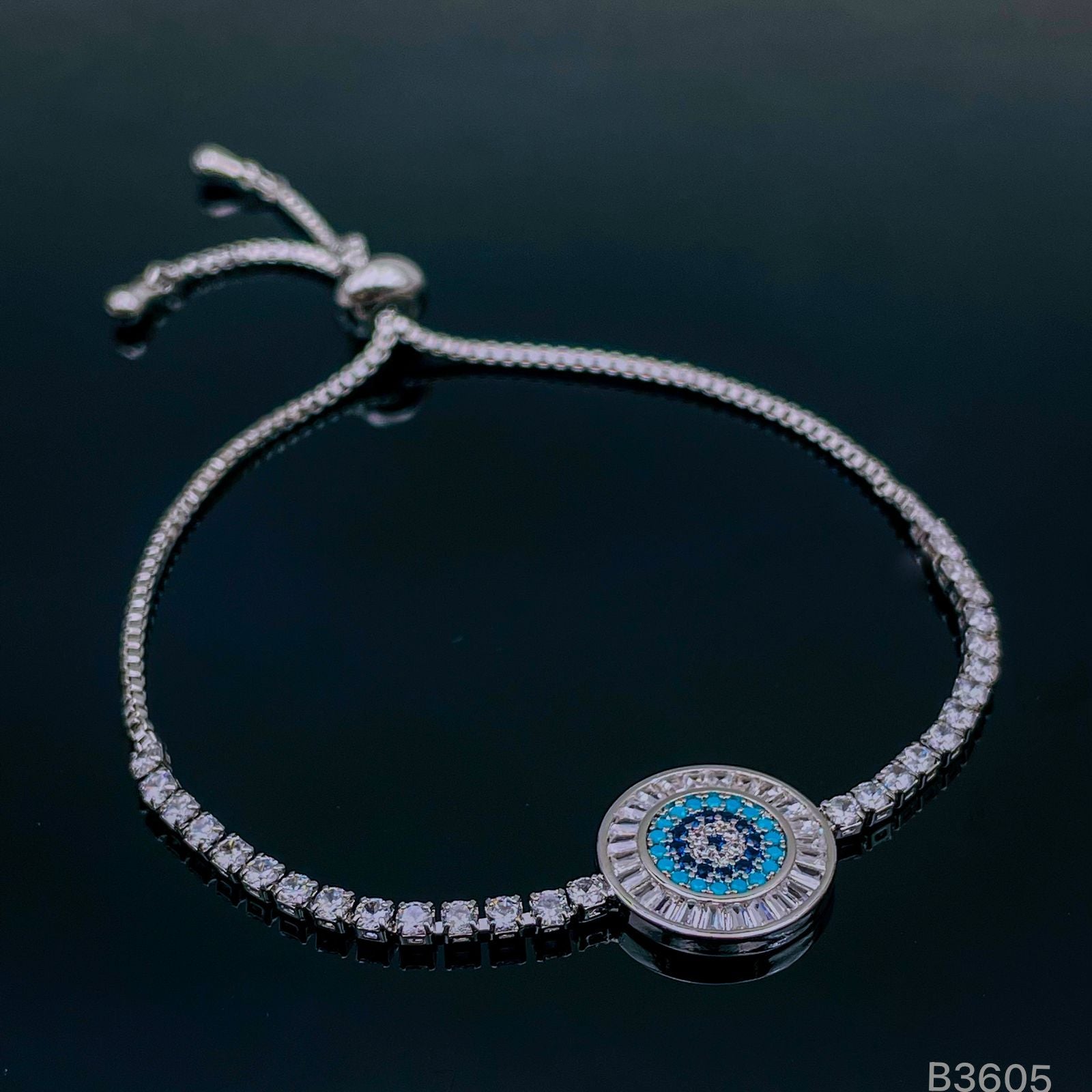 Evil Eye Baguette Silver Cubic Zirconia Adjustable Slider Bracelet for Women