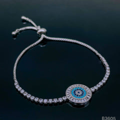 Evil Eye Baguette Silver Cubic Zirconia Adjustable Slider Bracelet for Women
