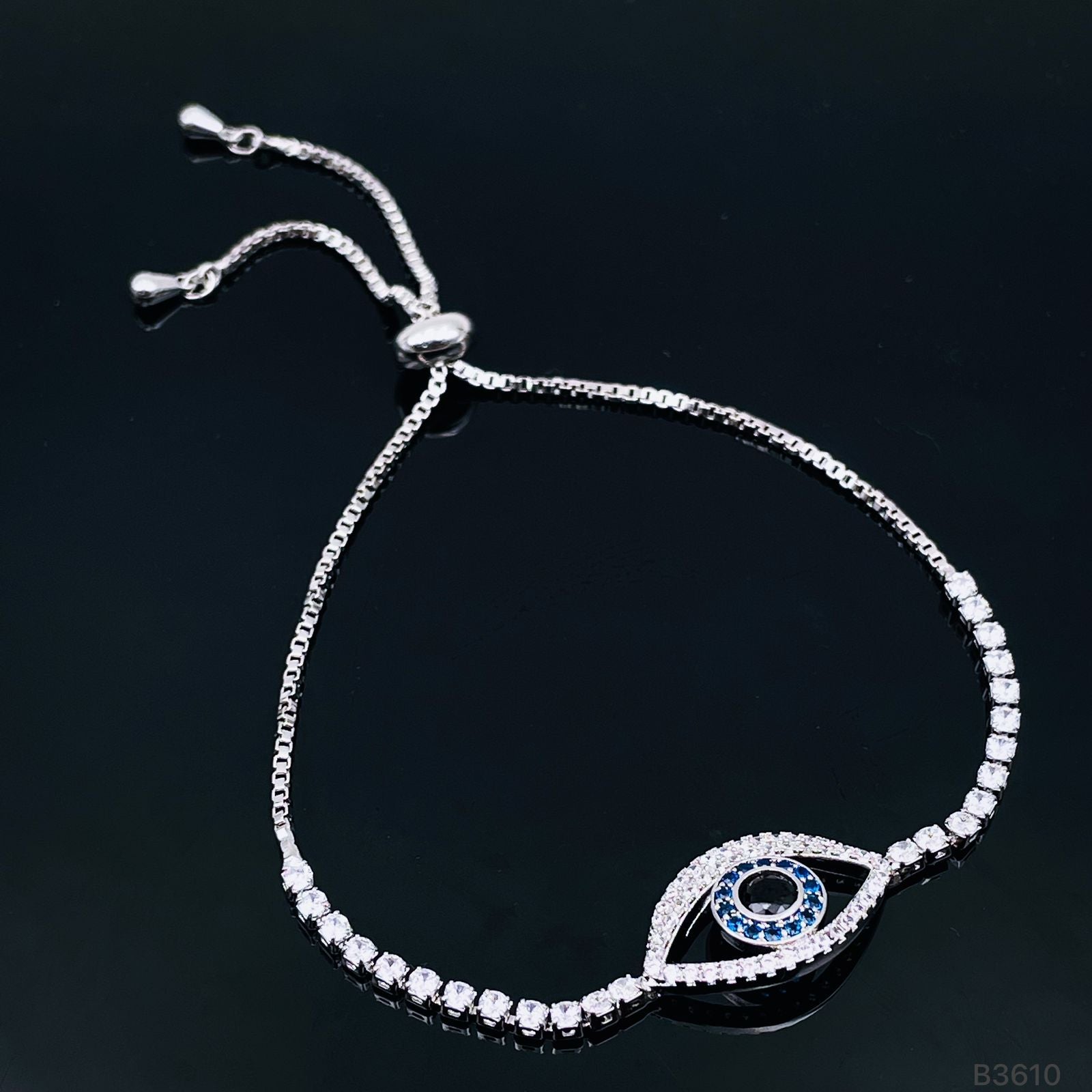Evil Eye Silver Cubic Zirconia Copper Adjustable Slider Bracelet for Women