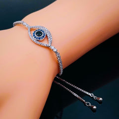 Evil Eye Silver Cubic Zirconia Copper Adjustable Slider Bracelet for Women