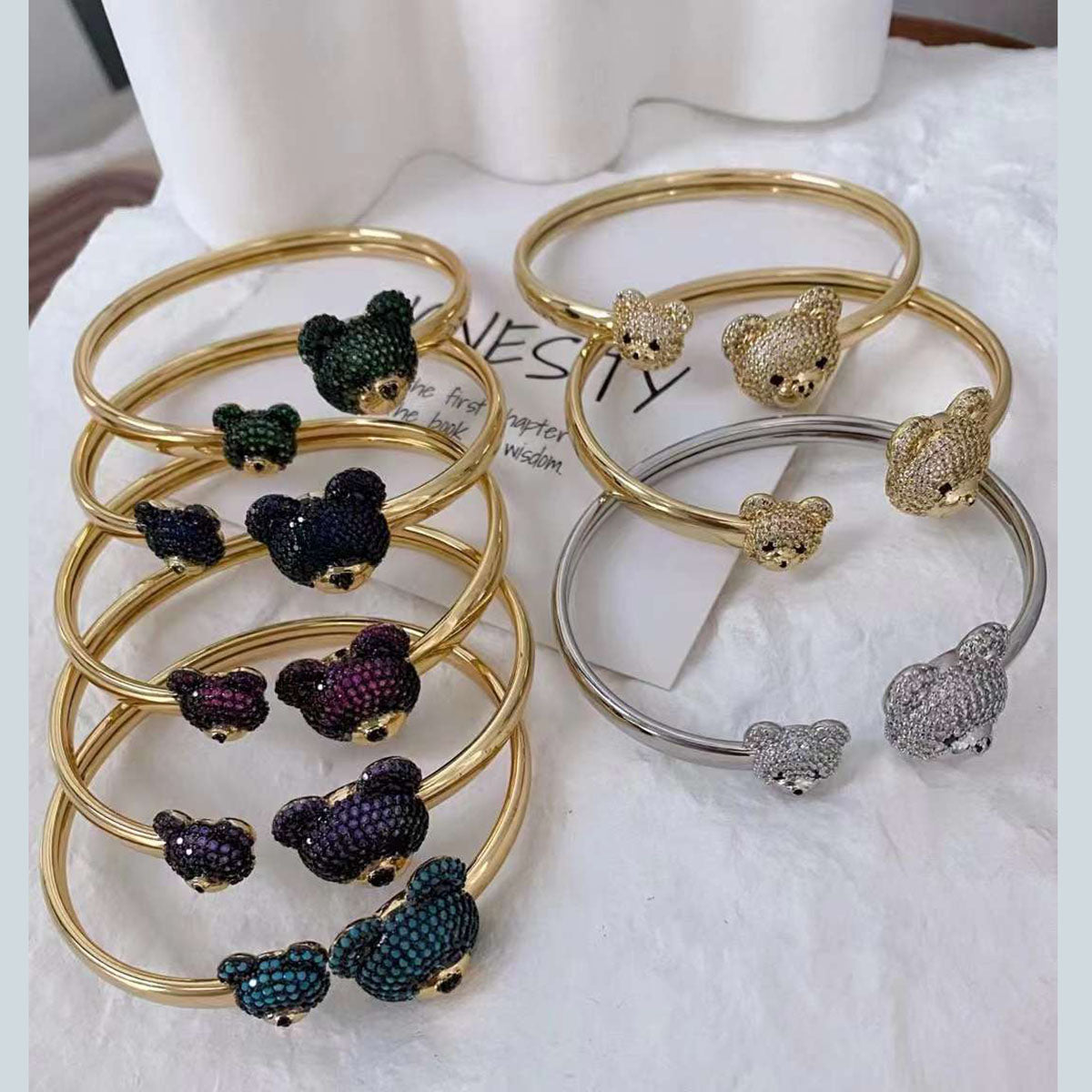 Green Twin Teddy Bear Cubic Zirconia Copper 18K Gold Kada Cuff For Women