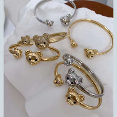 Green Twin Teddy Bear Cubic Zirconia Copper 18K Gold Kada Cuff For Women