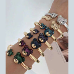 Green Twin Teddy Bear Cubic Zirconia Copper 18K Gold Kada Cuff For Women