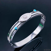 Turquoise Mother of Pearl Evil Eye Silver Stainless Steel Openable Kada Bracelet for Women