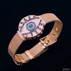 Evil Eye Medallion 18K Rose Gold Adjustable Mesh Watch Strap Bracelet for Women
