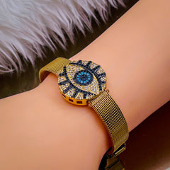Evil Eye Medallion 18K Rose Gold Adjustable Mesh Watch Strap Bracelet for Women
