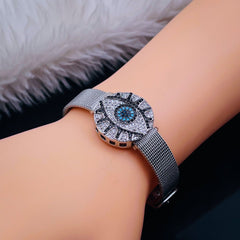 Evil Eye Medallion 18K Rose Gold Adjustable Mesh Watch Strap Bracelet for Women