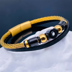 Luxury Black Silver Stainless Steel Leather Layer Bracelet Kada For Men