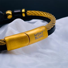 Luxury Black Silver Stainless Steel Leather Layer Bracelet Kada For Men