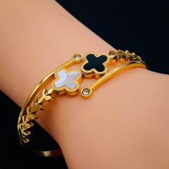 Black White Clover 18K Gold Anti Tarnish Stainless Steel Openable Kada for Women