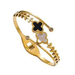 Black White Clover 18K Gold Anti Tarnish Stainless Steel Openable Kada for Women