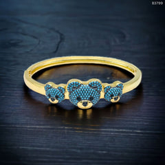 Twin Teddy Bear Turquoise Cubic Zirconia 18K Gold Cuff Kada Bangle for Women
