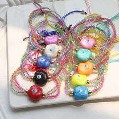 White Evil Eye Multi Color Crystal Beads Adjustable Thread Bracelet for Women