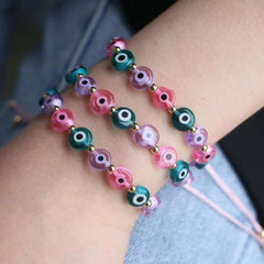 Pink Green Evil Eye Glass Beads Adjustable Thread Bracelet for Women
