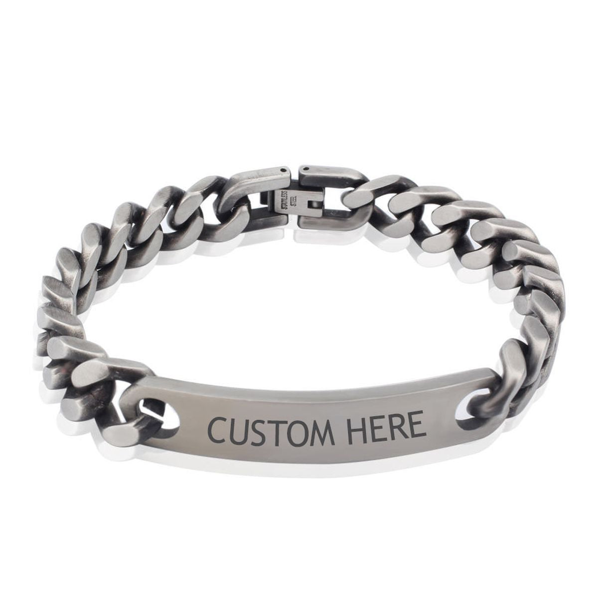 Gun Metal Brush Finish 316L Stainless Steel Customized Personalised Laser Engraved Id Curb Chain Bracelet For Men