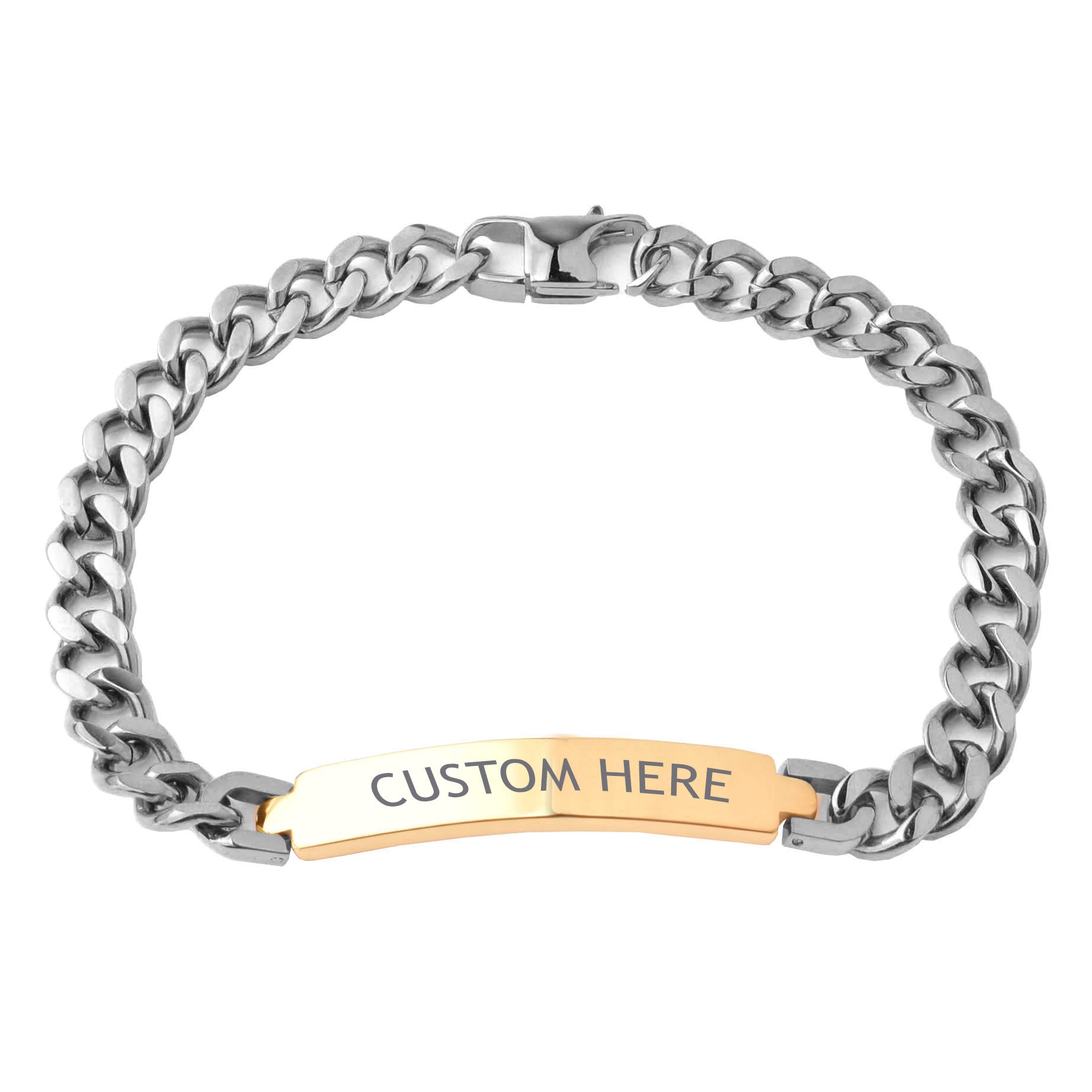 Classic Id 18K Gold 316L Stainless Steel Customized Personalised Laser Engraved Curb Chain Bracelet For Men Women