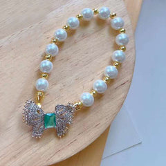 Green Emerald Butterfly Cubic Zirconia 18K Gold Pearl Bracelet for Women