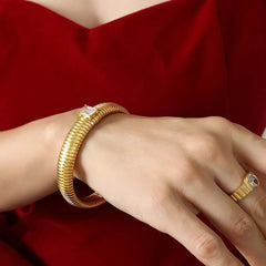 White Cubic Zirconia Stretchable Snake Elastic 18K Gold Anti Tarnish Stainless Steel Bangle Bracelet for Women