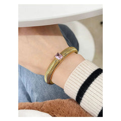 White Cubic Zirconia Stretchable Snake Elastic 18K Gold Anti Tarnish Stainless Steel Bangle Bracelet for Women