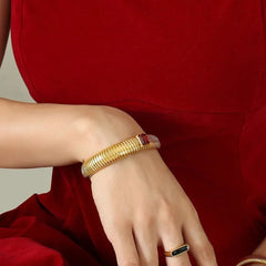 White Cubic Zirconia Stretchable Snake Elastic 18K Gold Anti Tarnish Stainless Steel Bangle Bracelet for Women