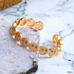 Happy Smiley Ruby Red Cubic Zirconia 18K Gold Cuff Kada Bracelet for Women