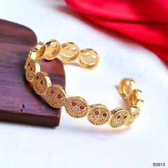 Happy Smiley Ruby Red Cubic Zirconia 18K Gold Cuff Kada Bracelet for Women
