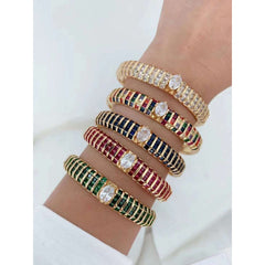 Multi Color Princess Cubic Zirconia 18K Gold Anti Tarnish Cuff Kada Bracelet for Women