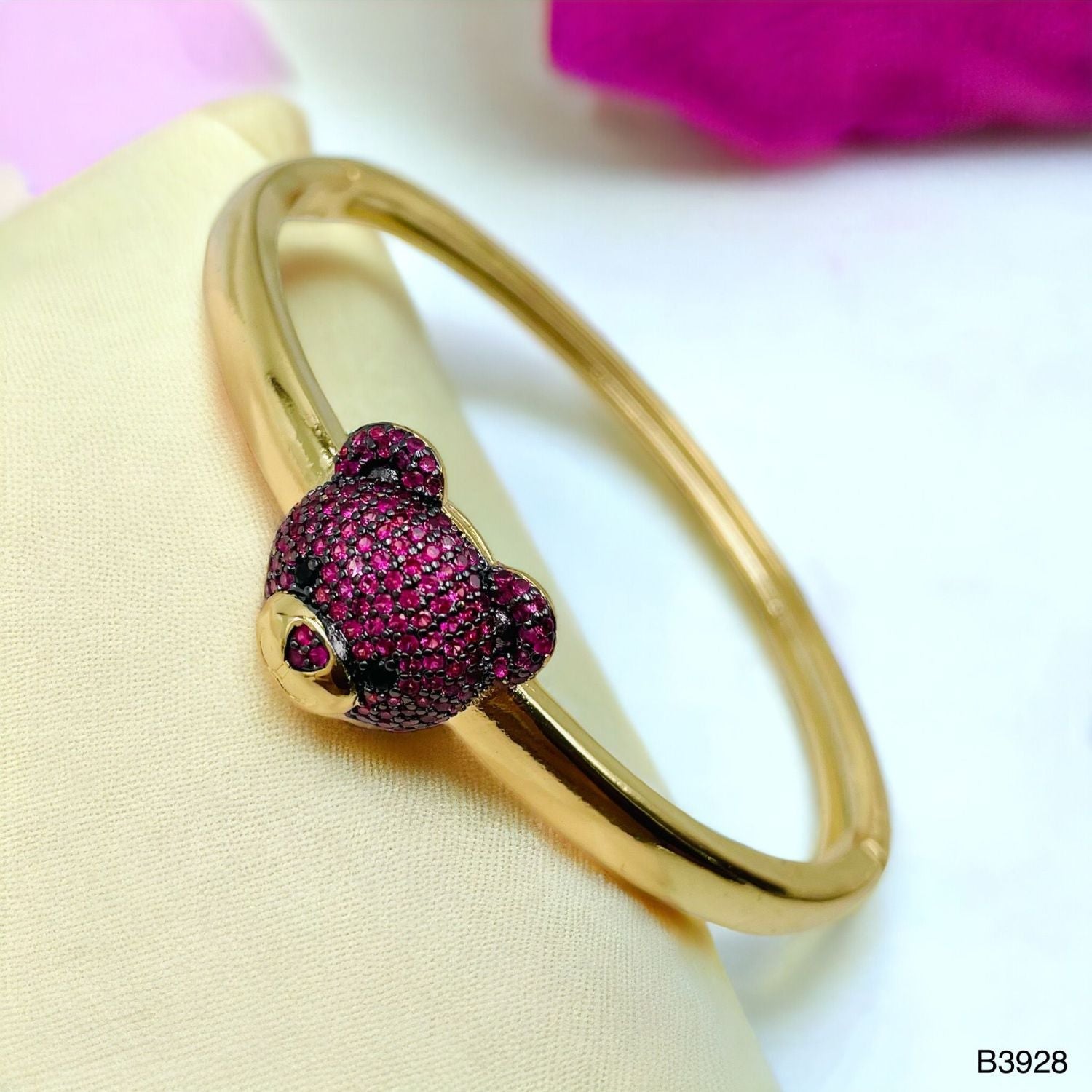 Dark Pink Teddy Bear 18K Gold Anti Tarnish Openable Kada Bangle for Women