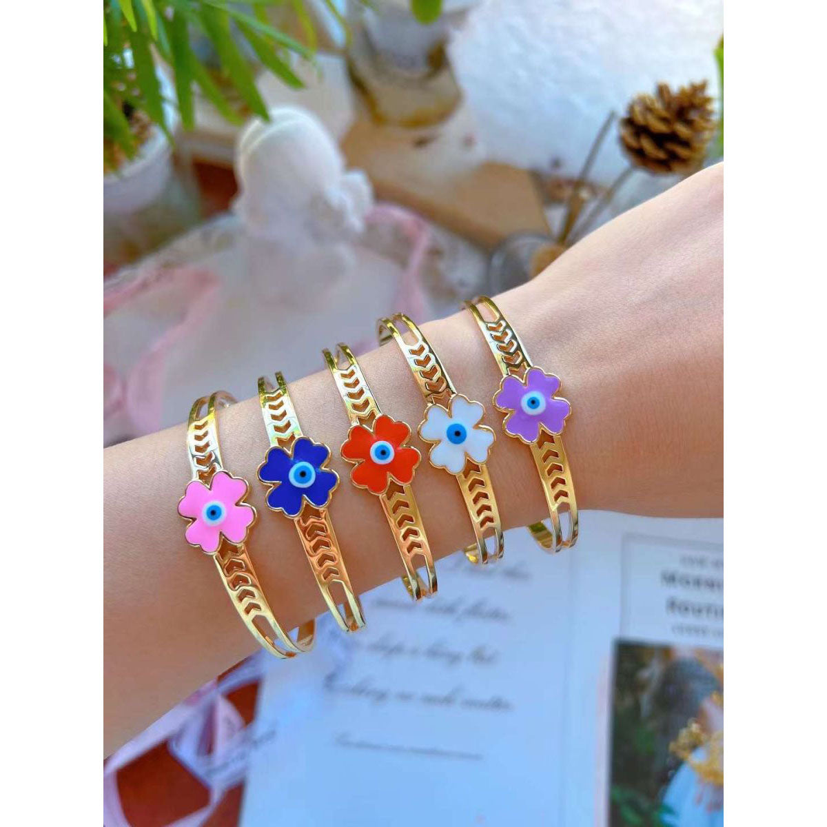 Clover Flower Evil Eye White Enamel 18K Gold Anti Tarnish Cuff Kada Bracelet for Women