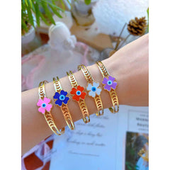 Clover Flower Evil Eye White Enamel 18K Gold Anti Tarnish Cuff Kada Bracelet for Women