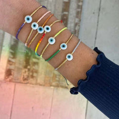 Evil Eye Mother of Pearl Sky Blue Gold Handmade Beads Bracelet for Women