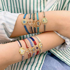 Round Cubic Zirconia Blue Beige Thread 18K Gold Adjustable Bracelet for Women