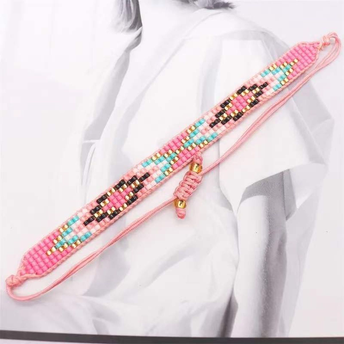 Pink Black Blue Evil Eye Handcrafted Beads Adjustable White Bracelet for Women