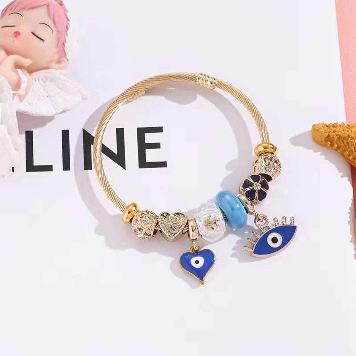 Pandora Charms Evil Eye Enamel Blue Multicolour 18K Gold Anti Tarnish Bracelet Kada For Women