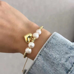 Love Heart Pearl White 18K Gold Anti Tarnish Adjustable Bracelet For Women
