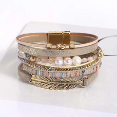 Leather Strand Pearl Gold Silver Anti Tarnish Leather Stand Bracelet For Women