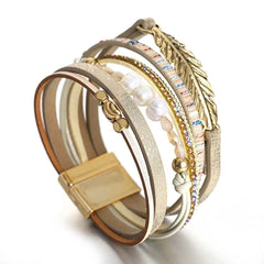 Leather Strand Pearl Gold Silver Anti Tarnish Leather Stand Bracelet For Women