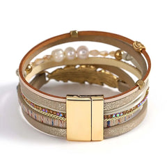 Leather Strand Pearl Gold Silver Anti Tarnish Leather Stand Bracelet For Women