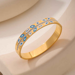 Dual Layer Evil Eye Cubic Zirconia Enamel Blue White 18K Gold Anti Tarnish Stainless Steel Openable Kada For Women