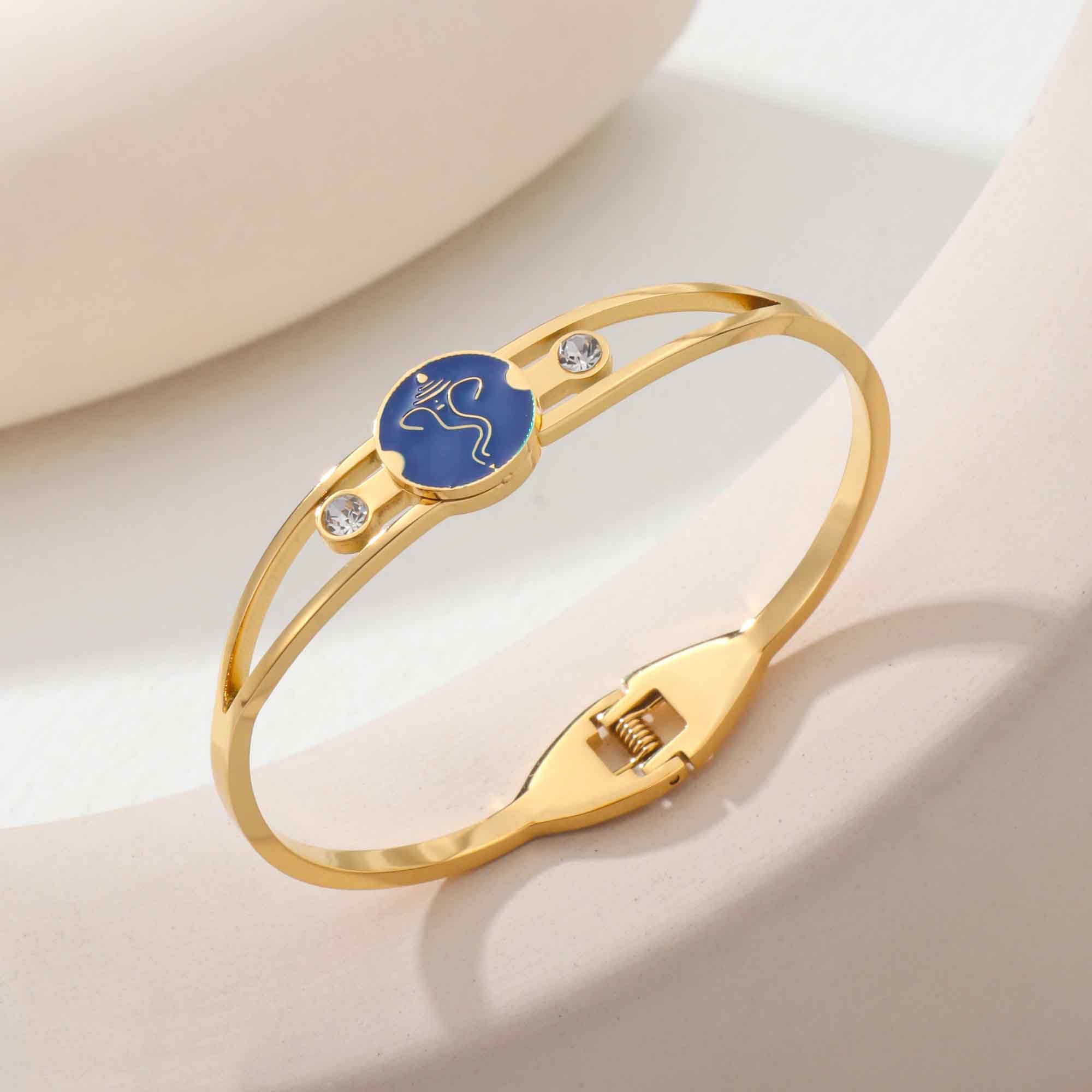 Lord Ganesh Ganpati Cubic Zirconia Enamel Blue 18K Gold Anti Tarnish Stainless Steel Openable Kada For Women