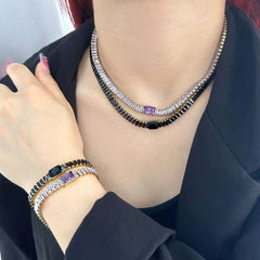 Baguette Purple Black Cubic Zirconia 18K Gold Copper Anti Tarnish Tennis Bracelet Necklace For Women
