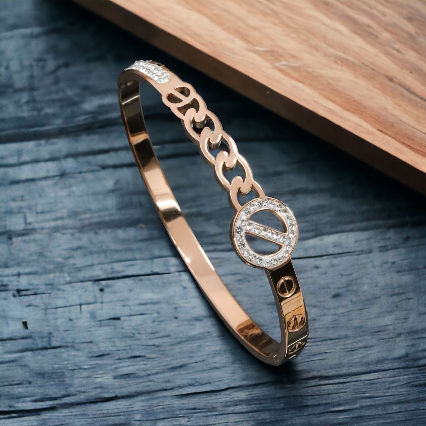 Screw Minus 18K Rose Gold White Cubic Zirconia Anti Tarnish Stainless Steel Kada Bracelet For Women