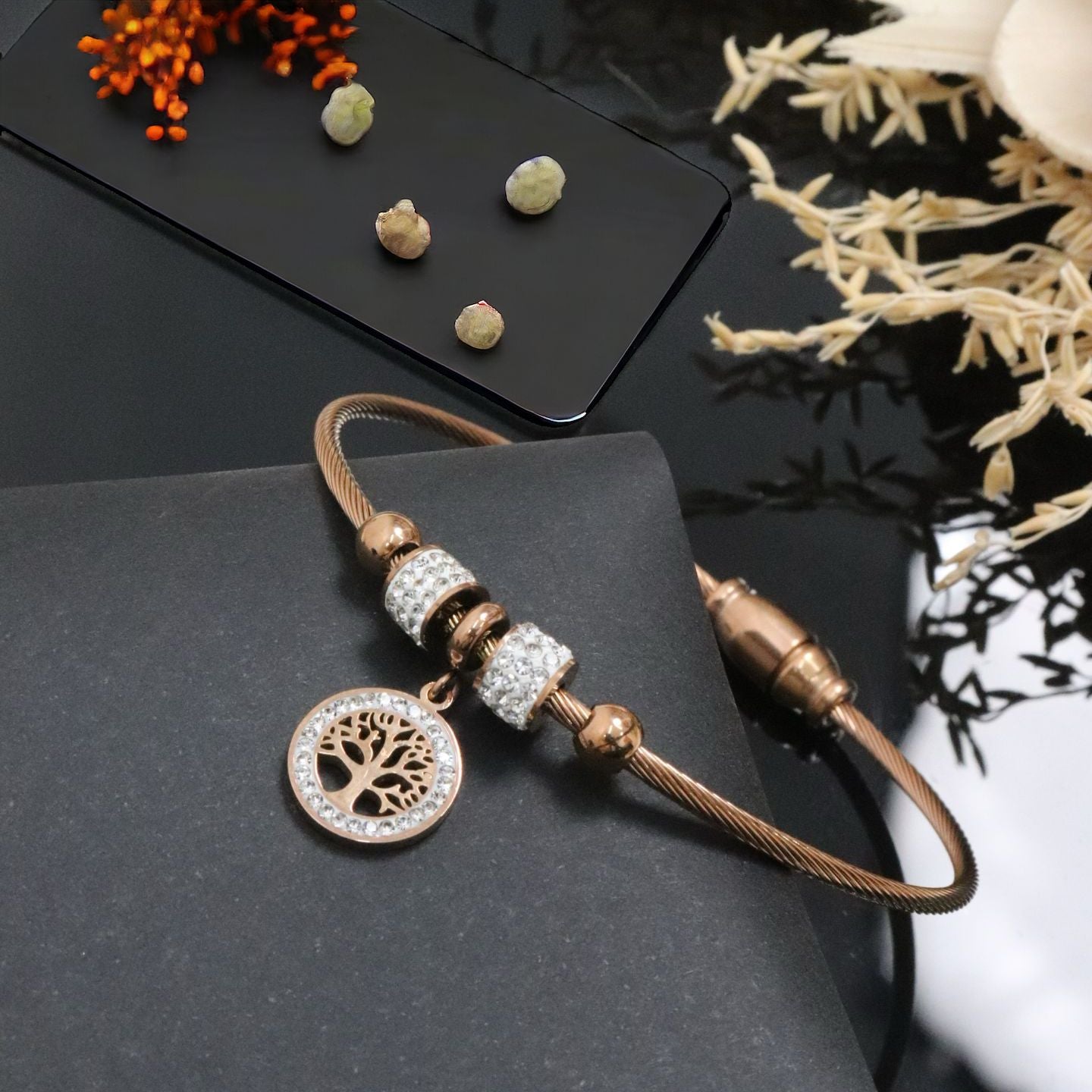 Tree of Life 18K Rose Gold White Cubic Zirconia Anti Tarnish Stainless Steel Wire Bracelet For Women