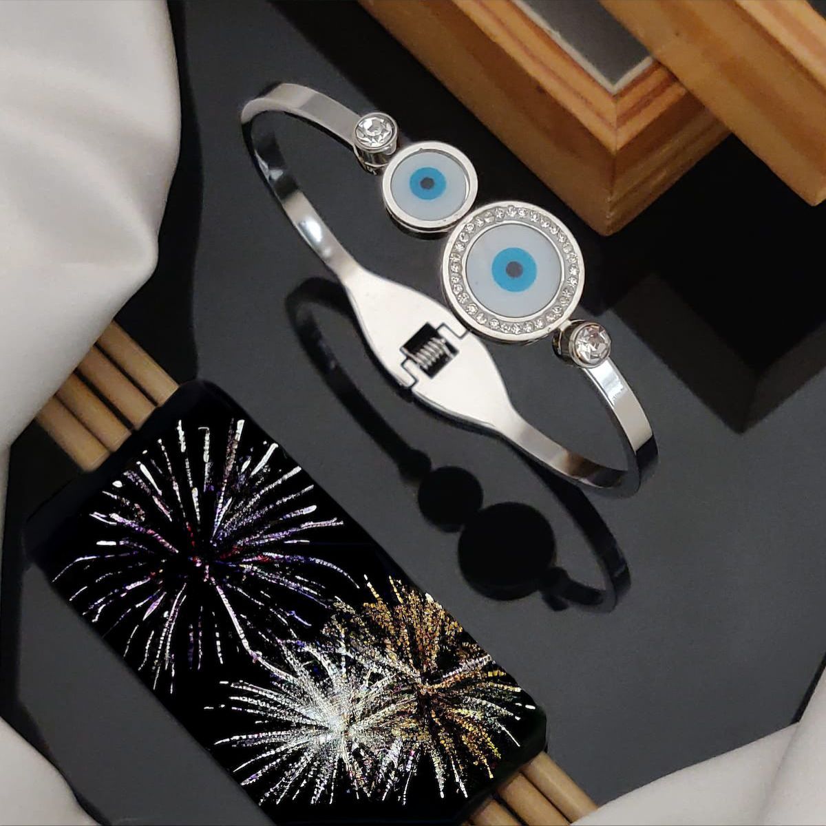 Evil Eye Silver White Cubic Zirconia Mother Of Pearl Anti Tarnish Stainless Steel Kada Bracelet For Women