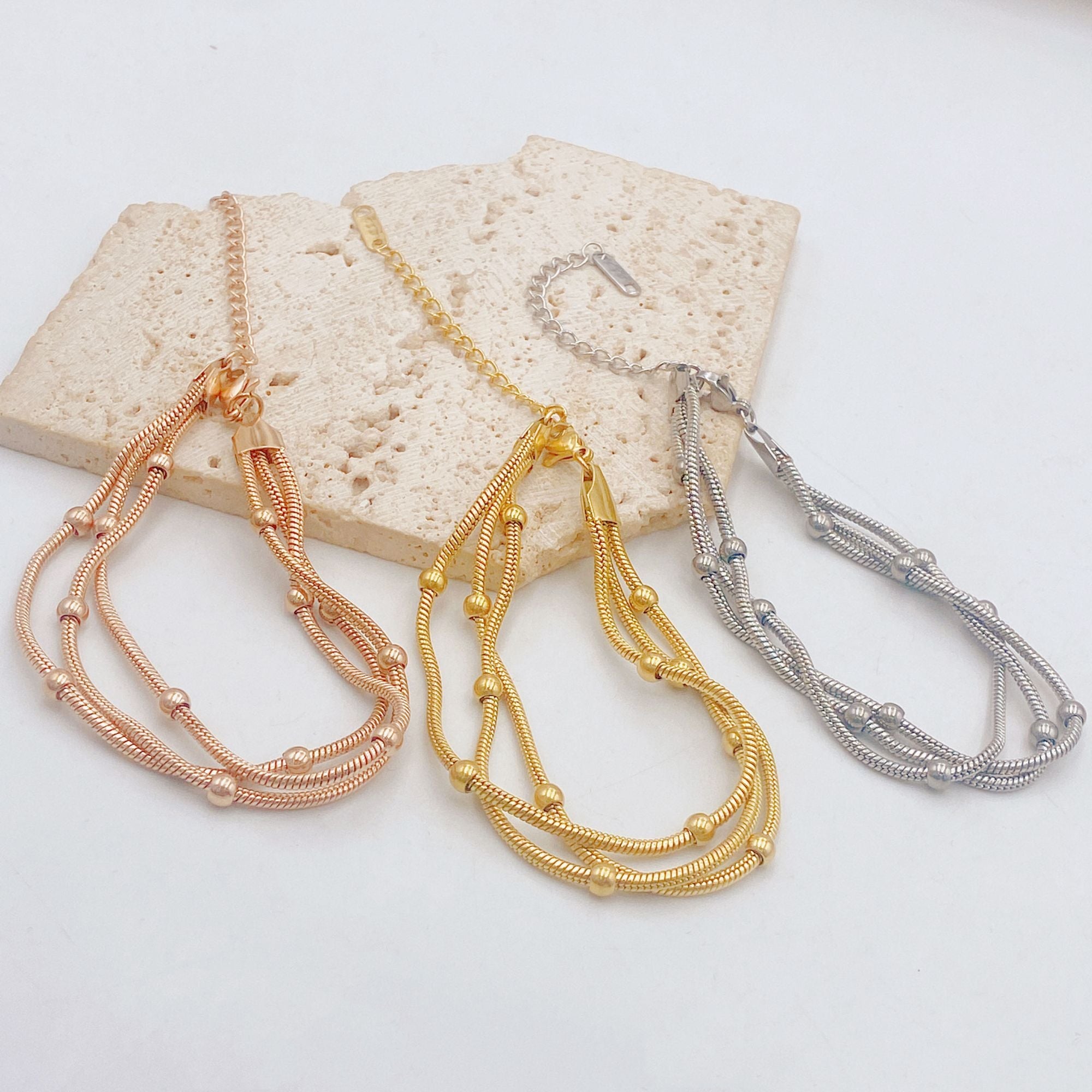 Triple Layer 18K Gold Stainless Steel Anti Tarnish Snake Chain Bracelet For Women