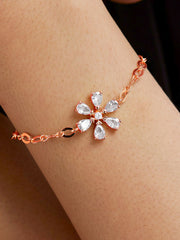 Copper Pear Cut Cubic Zirconia White Gold Flower Link Chain Bracelet Women